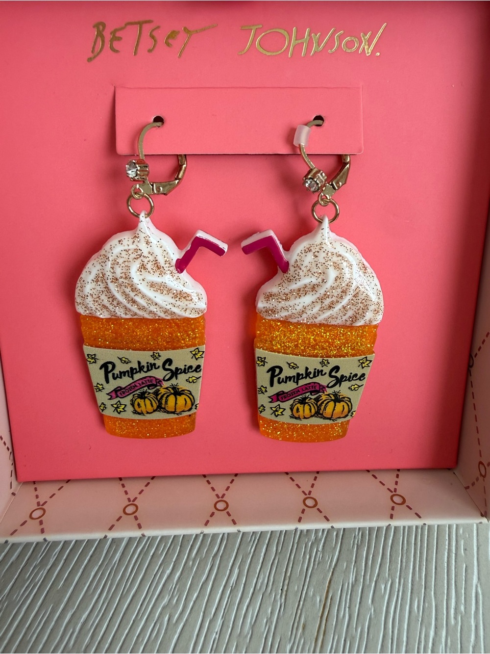 Betsey Johnson Pumpkin Spice Glitter Cup Earrings in Orange, White & Pink